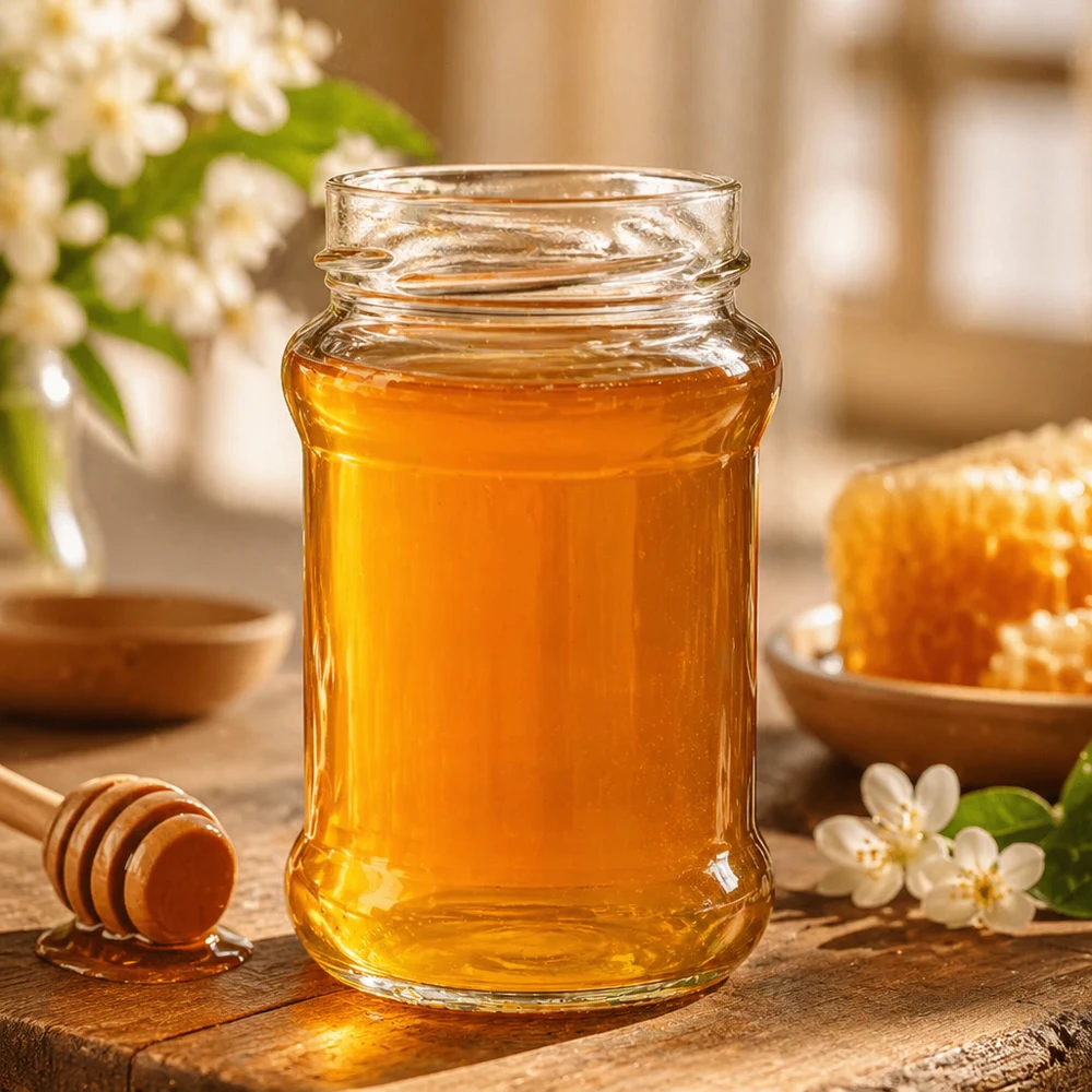390ml Verre rond sans couvercle (TO66deep) UNiTWIST Pot rond 390ml rempli de miel jaune doré sur table en bois avec cuillère à miel et fleurs UNiTWIST Runda390 TO66deep