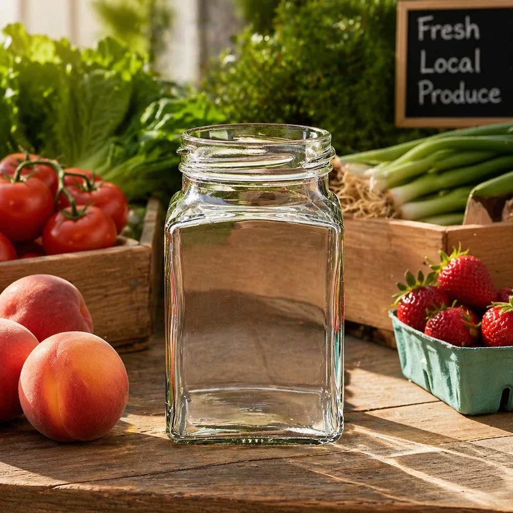 UNiTWIST Tetra260 Pot 4 coins 260ml TO58 Pot de conservation entre fruits et légumes frais sur table en bois