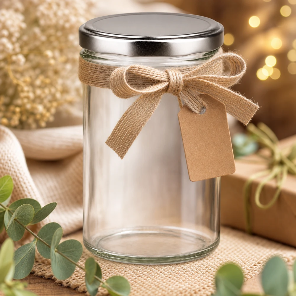 Verre renversé de 435 ml avec couvercle argenté comme emballage cadeau avec boucle en jute et pendentif - présentation décorative