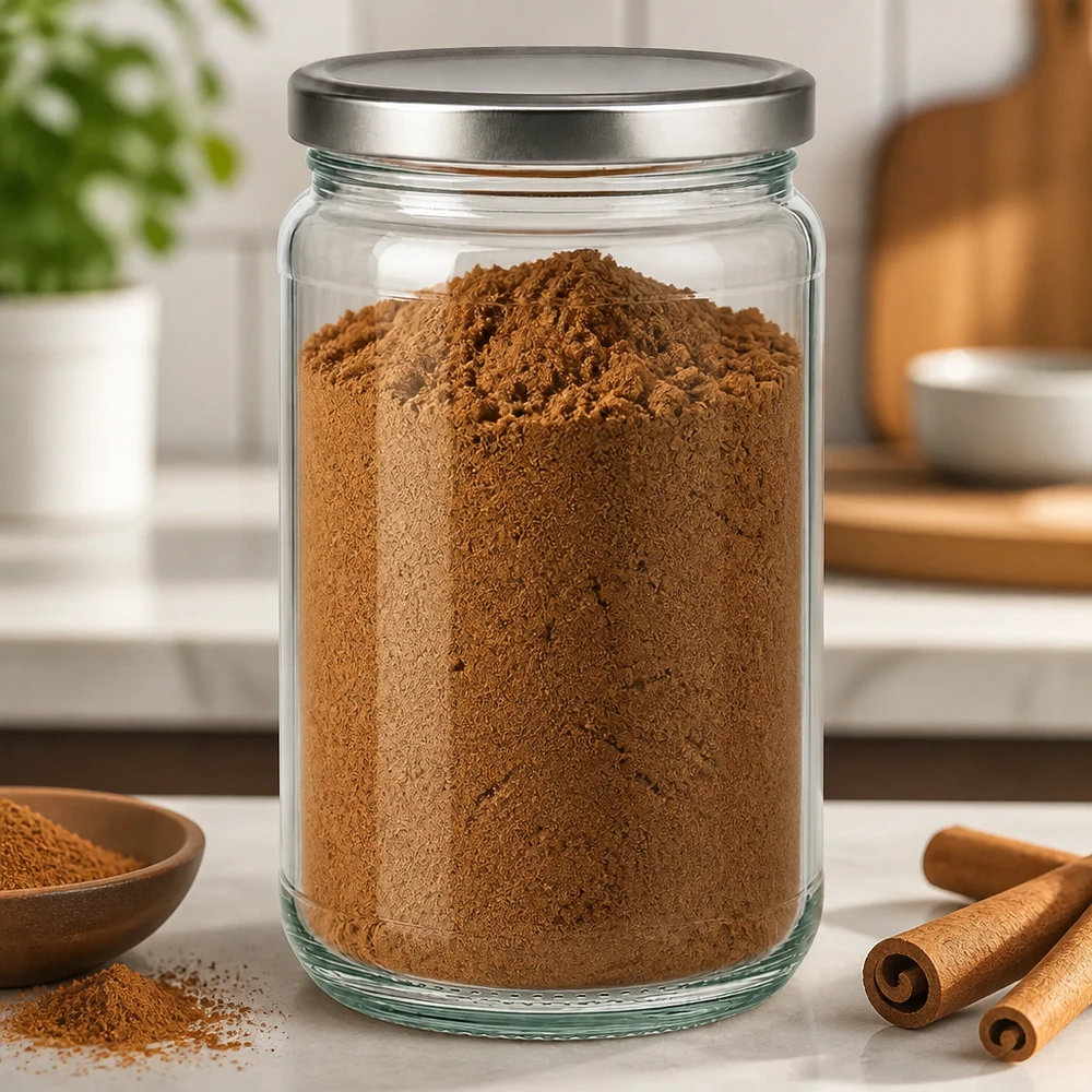 Verre rond de 305ml rempli de cacao en poudre et couvercle BasicSeal argenté dans un environnement de cuisine avec des bâtons de cannelle
