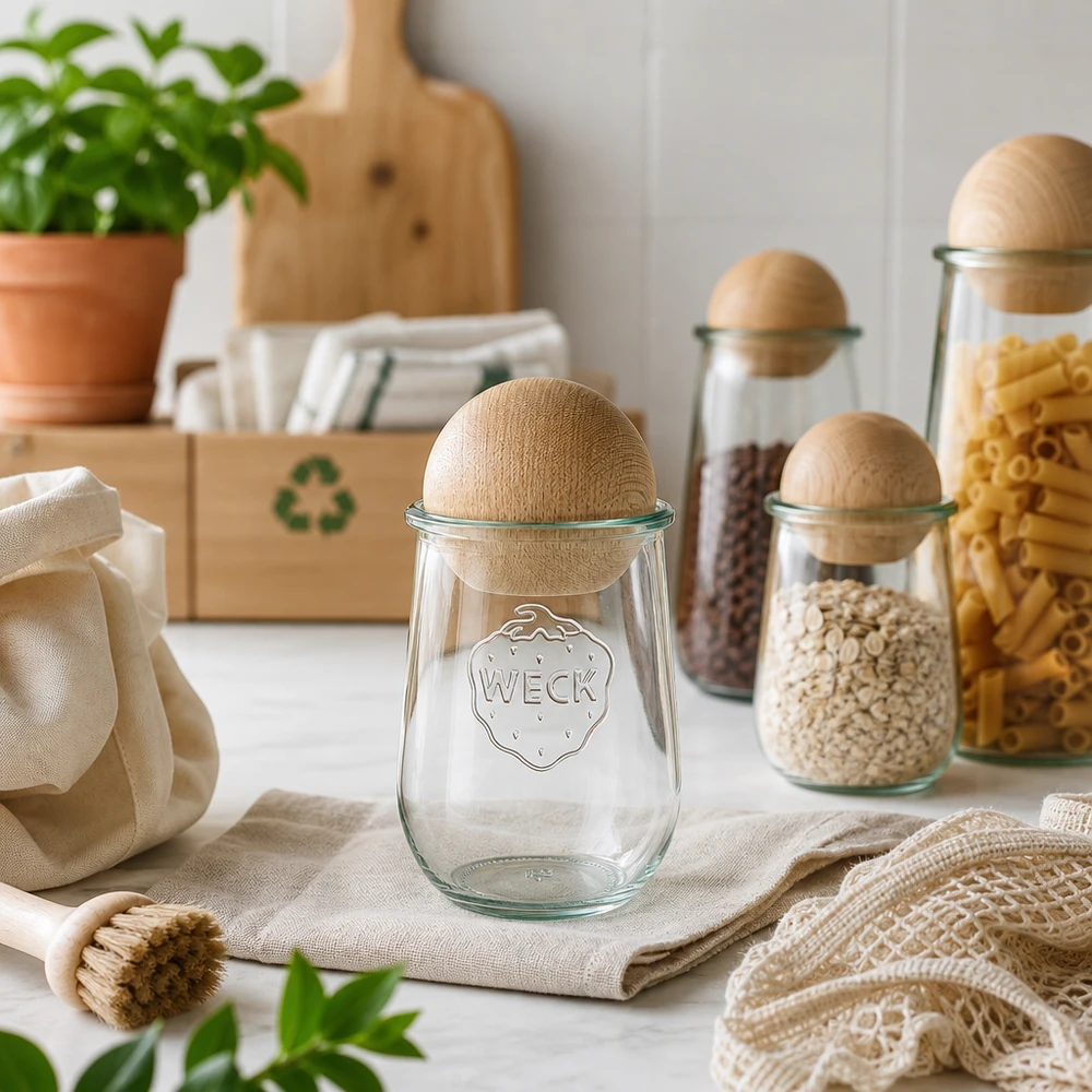 1062ml bocal tulipe WECK RR100 avec boule en bois en hêtre WECK Pot tulipe 1062ml RR100 avec boule en hêtre dans une cuisine durable zéro déchet avec symbole de recyclage et matériaux naturels