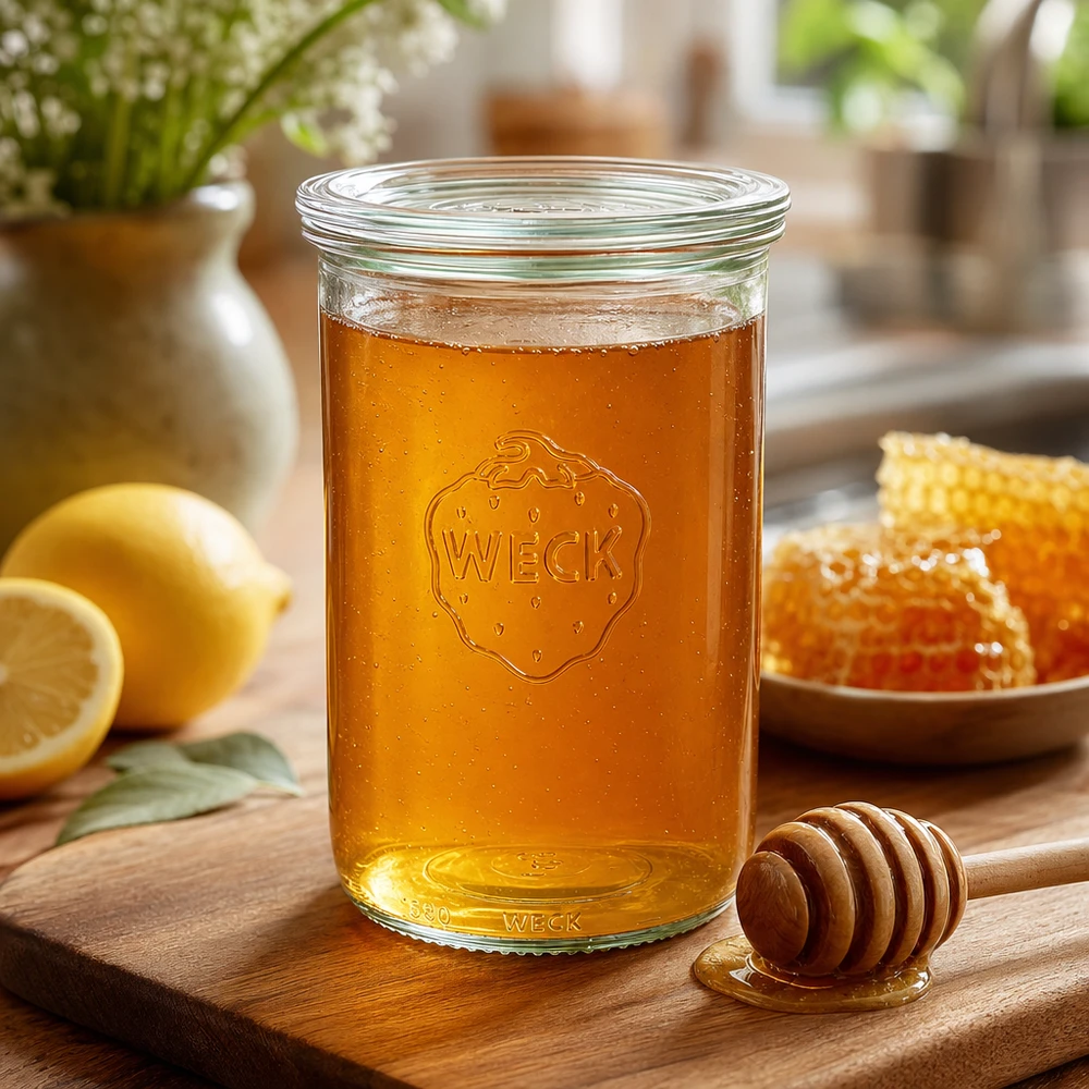 1000ml bocal conique avec bouchon en verre WECK RR100 WECK Pot renversé 1000ml RR100 rempli de miel à côté d'un rayon de miel et d'une cuillère à miel sur une planche en bois dans une cuisine chaude