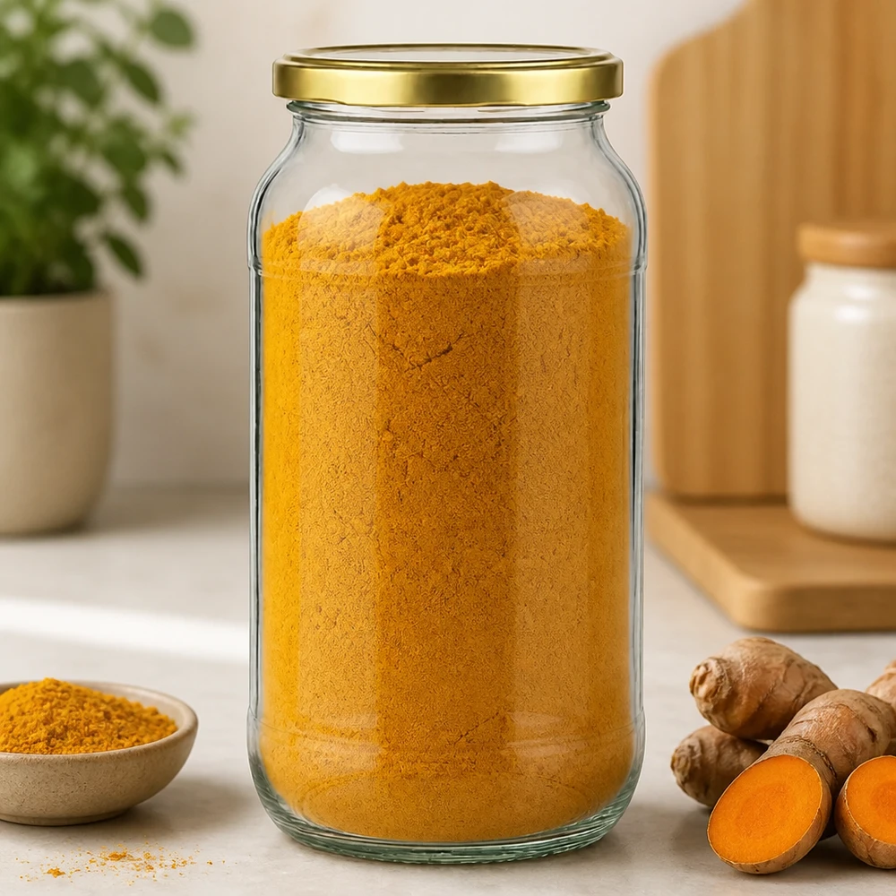 1062ml Verre rond avec couvercle BasicSeal or UNiTWIST Bocal rond de 1062 ml avec couvercle doré BasicSeal rempli de poudre de curcuma à côté de racine de curcuma fraîche sur le comptoir de la cuisine