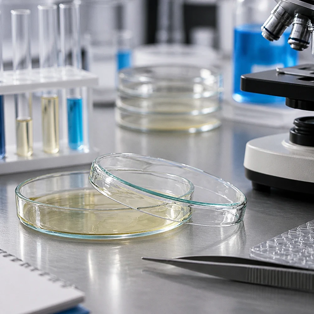 Boîte de Petri en verre sans compartiments, 80x15mm Boîtes de Pétri en verre transparent de 80 x 15 mm, remplies d'agar jaunâtre, posées sur une table en acier inoxydable dans un laboratoire