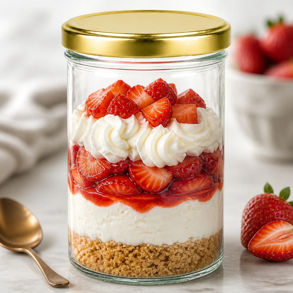Verre renversé de 435 ml UNiTWIST avec couvercle doré comme verre à dessert pour trifle aux fraises et desserts en couches