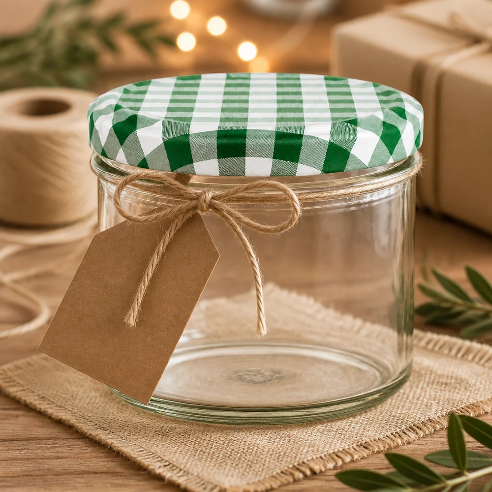 Verre renversé de 225 ml avec couvercle à carreaux vert et blanc et pendentif en papier kraft pour une présentation décorative comme idée de cadeau