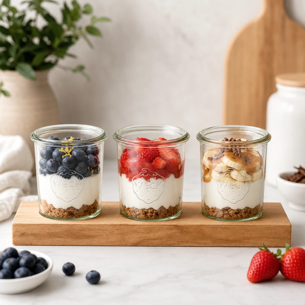 Plateau de service Plano3 avec 3 bocaux Weck de 160 ml Planche de service Plano3 avec des pots Weck comme un parfait au yaourt avec des baies Granola et des noix dans une cuisine claire