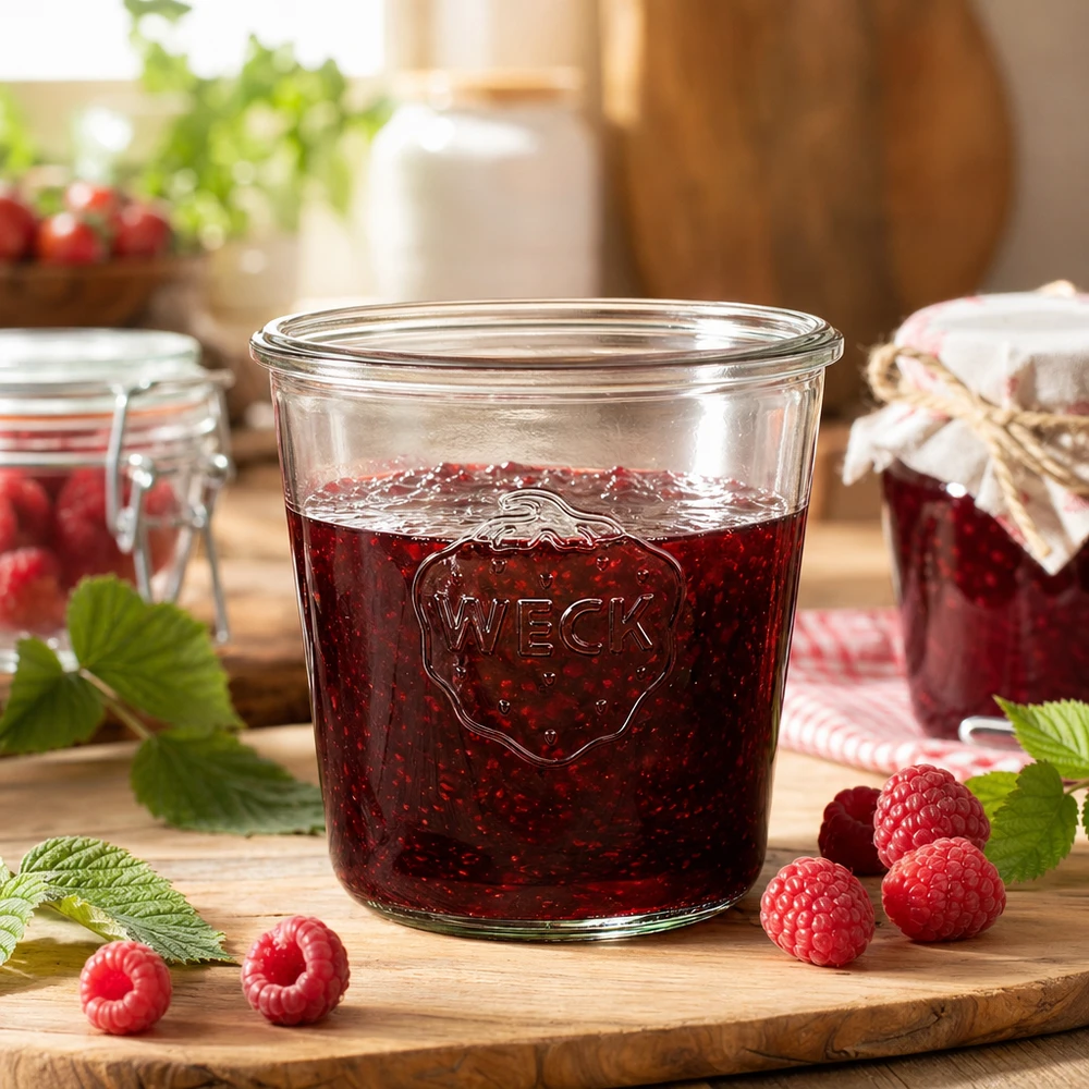 580ml bocal conique WECK RR100 WECK Pot renversé 580ml RR100 rempli de confiture de framboises sur planche en bois avec framboises fraîches et feuilles de menthe