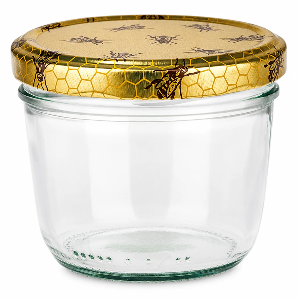 Pot de 230ml avec couvercle doré BasicSeal motif nid d'abeille pour confitures et conserves de miel.