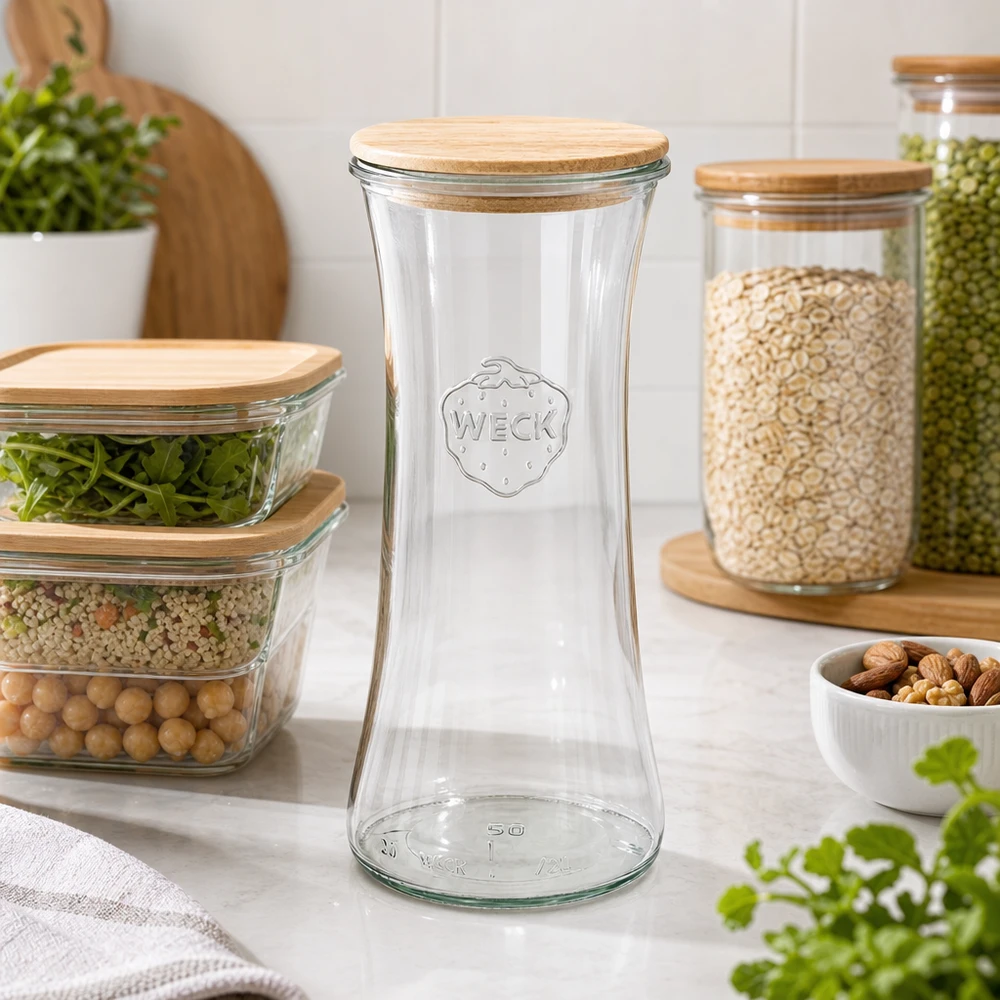 700ml bocal à gourmandises WECK RR80 avec couvercle en bois WECK Pot à délicatesse 700ml vide dans une cuisine moderne avec des bocaux à provisions et des aliments conservation organisée