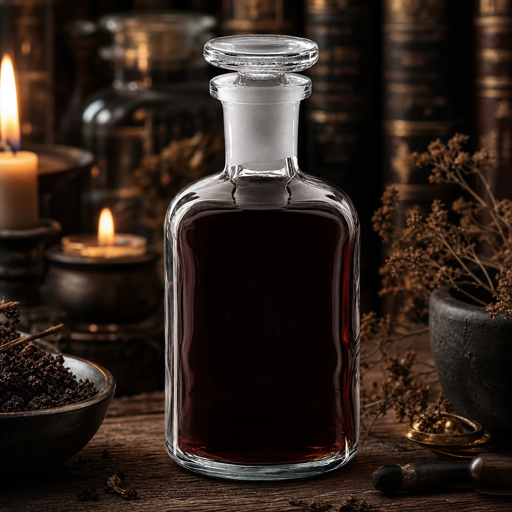 Teinture foncée dans un flacon à épaulement arrondi de 100 ml, en verre transparent, à col étroit, muni d'un bouchon en verre, créant une atmosphère mystique