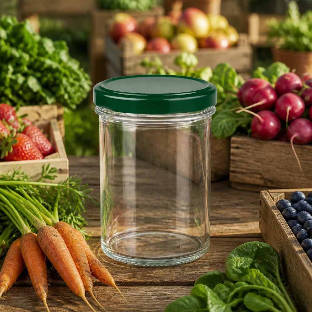 Verre renversé de 350 ml UNiTWIST vide avec couvercle vert entre des légumes frais, des fruits et des herbes aromatiques sur une table en bois