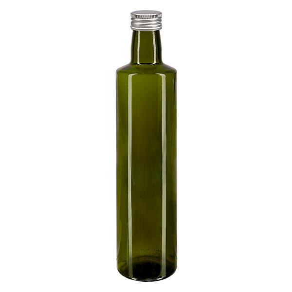 Bouteille d'huile 500 ml ronde, vert olive, avec capsule à vis argentée en aluminium (PP 31,5 mm)
