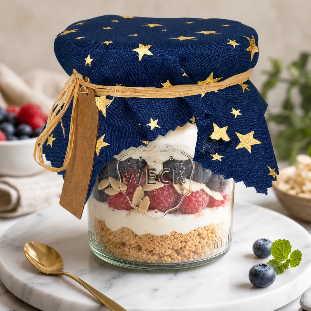 Couvercle en tissu bleu étoiles 150x150mm carré Blaues Sternenmuster Schmuckdeckchen auf Dessertglas mit Beeren und Sahne - dekoratives Stoffdeckchen 15cm eckig