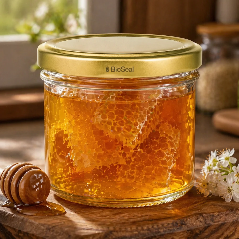 UNiTWIST Pot de miel 125ml rempli de nid d'abeille - couvercle TO66 doré sur fond bois avec décoration de fleurs et cuillère à miel