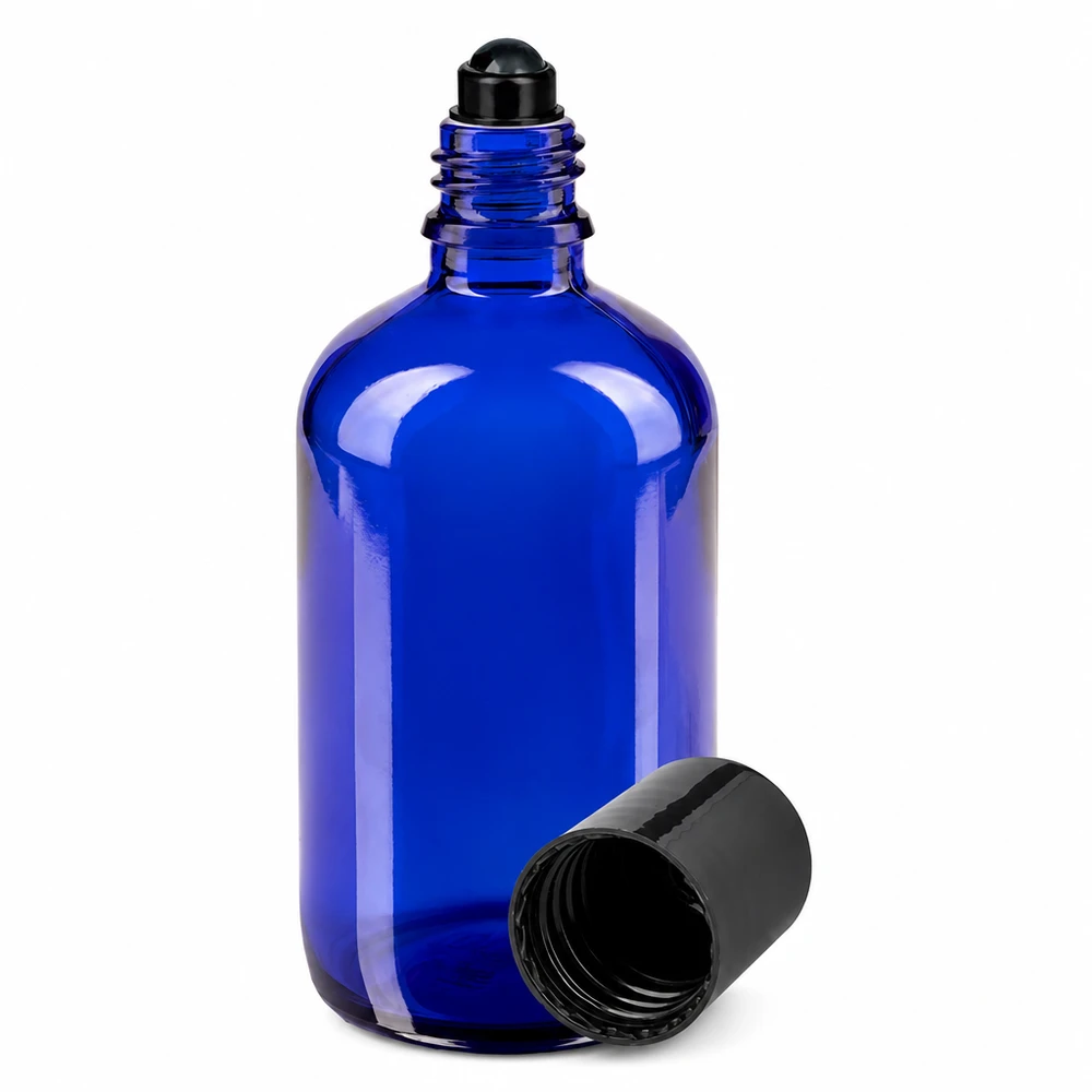 Flacon roll-on bleu de 100 ml en verre d'apothicaire avec bouchon à bille noir