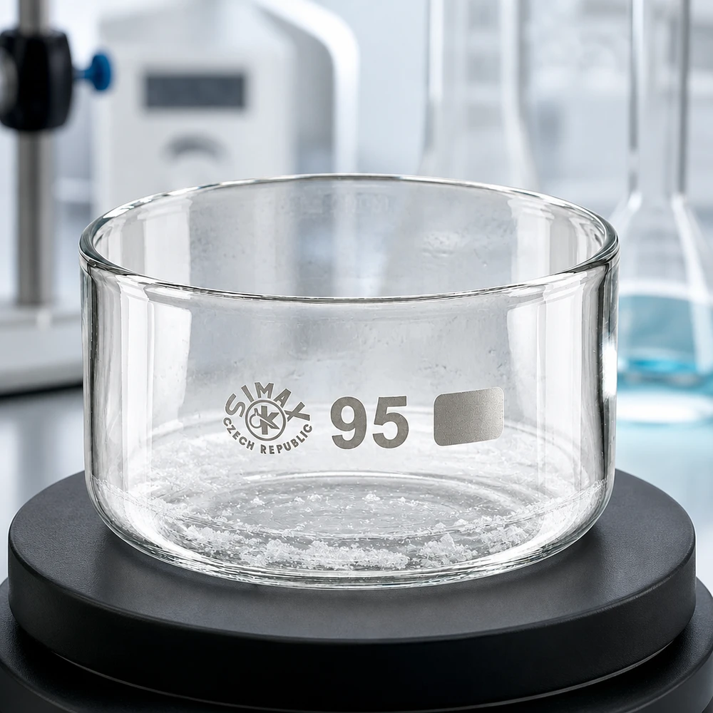 Coupelle de cristallisation vide de 300 ml posée sur une balance de laboratoire noire, en verre borosilicaté Simax, diamètre 95 mm