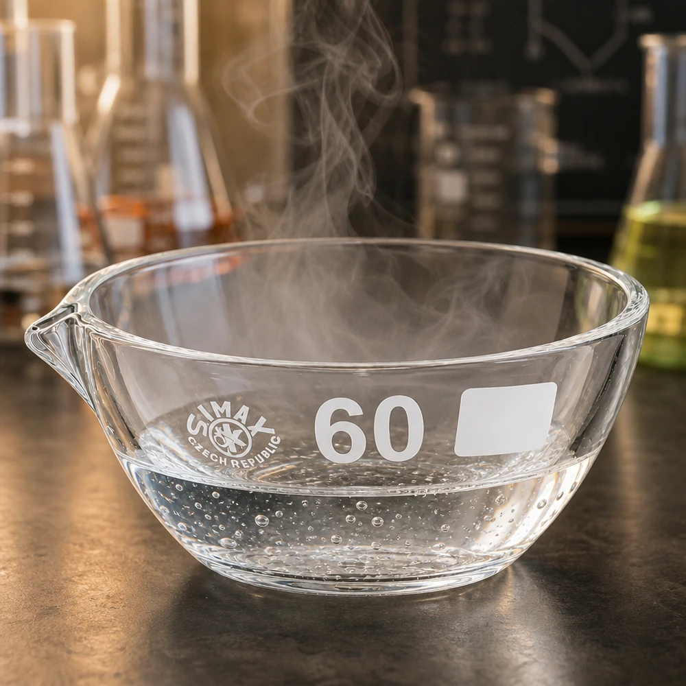 Capsule d’évaporation 45 ml en verre borosilicate, avec bec verseur Cuvette d'évaporation en borosilicate ø60mm avec bec verseur pratique pour un transfert de liquide sûr
