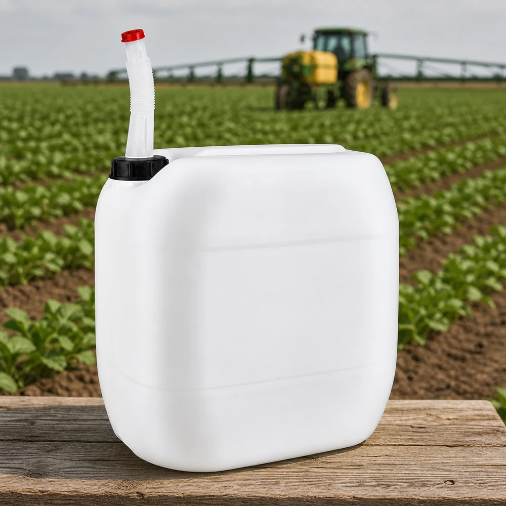Bidon 30 litres avec tuyau d'écoulement Flex Bidon rectangulaire de 30 litres muni d'un tuyau de vidange flexible, posé sur un socle en bois devant un tracteur dans un champ