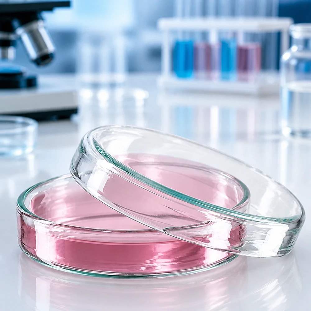 Deux boîtes de Pétri en verre de 60 x 15 mm contenant un milieu de culture cellulaire rose, empilées l'une sur l'autre dans un environnement de laboratoire