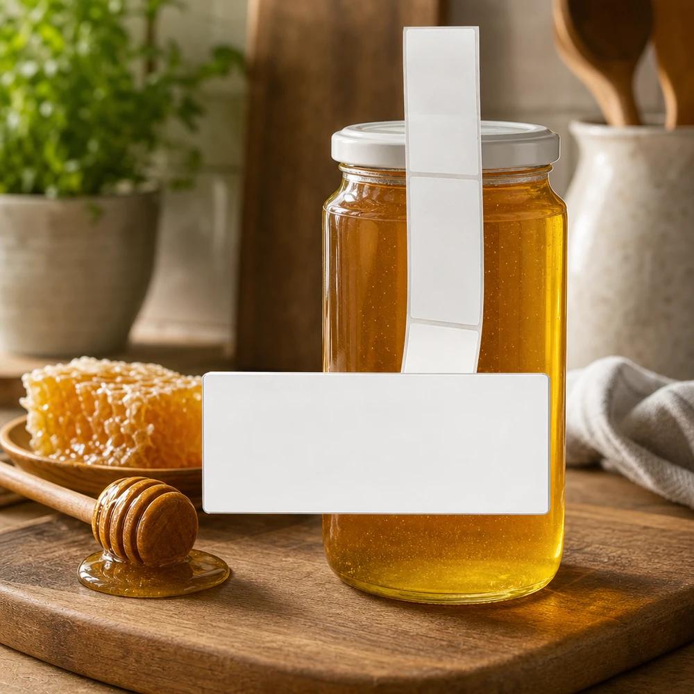 Étiquettes autocollantes 54x154,5mm sur pot de miel dans une cuisine rustique pour l'identification de produits