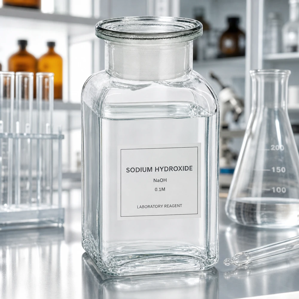 Flacon carré col large 100 ml + bouchon RIN, verre clair Flacon carré de laboratoire transparent de 100 ml contenant une solution d'hydroxyde de sodium (NaOH) et muni d'un bouchon en verre, à col large