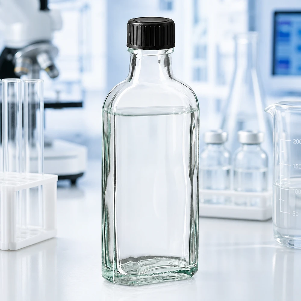 Flasque transparente de 100 ml au goulot DIN 22, avec bouchon à vis DIN 22 noir et joint PEE Flacon en verre transparent de 100 ml muni d'un bouchon en plastique noir, posé sur un plan de travail blanc dans un laboratoire