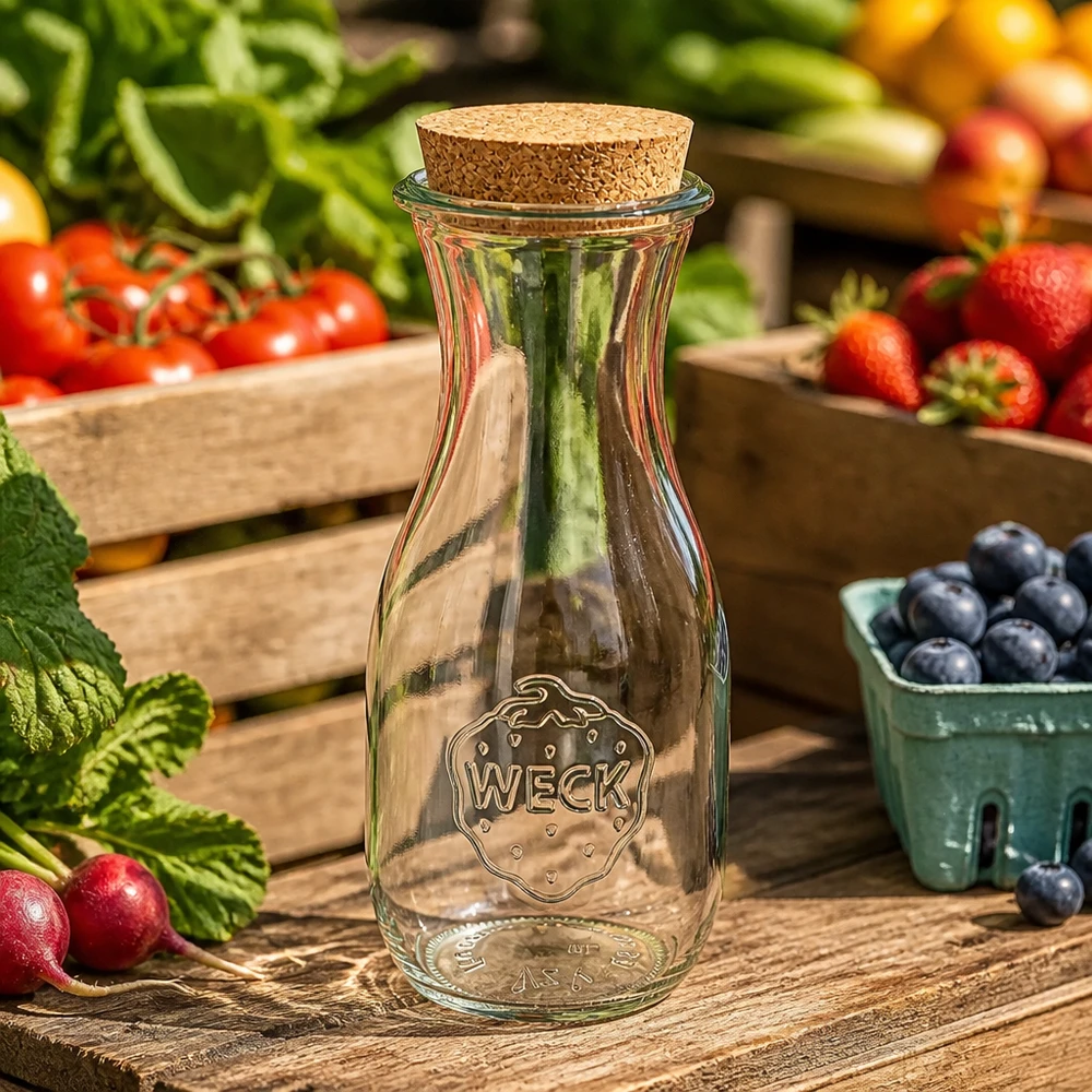 WECK Bouteille de jus 530ml vide avec bouchon en liège entre les fruits et légumes frais sur table en bois cuisine naturelle