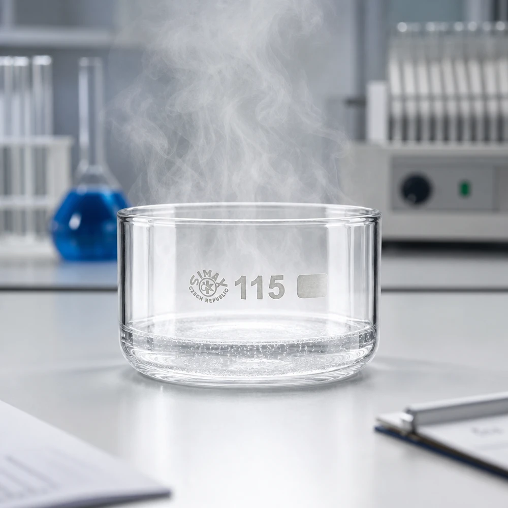 Cuve de cristallisation SIMAX de 500 ml, d'où s'échappe de la vapeur d'eau, posée sur un plan de travail blanc de laboratoire