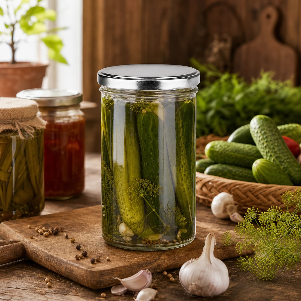 277ml pot renversé avec couvercle BasicSeal argenté rempli de cornichons marinés aneth épices cuisine rustique mise en conserve