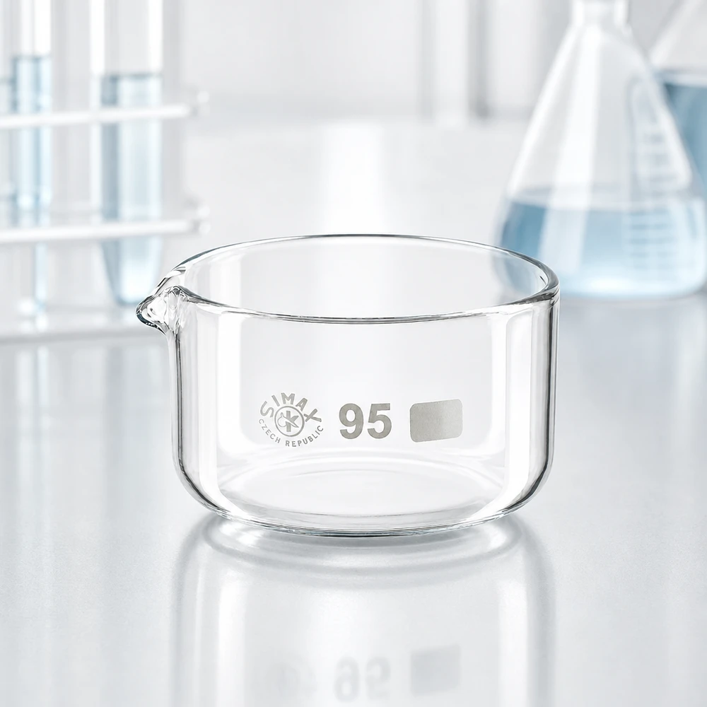 Coupelle de cristallisation 300 ml avec bec verseur Récipient de laboratoire rond de 300 ml avec bec verseur, en verre borosilicaté transparent, sur un support de laboratoire blanc SIMAX