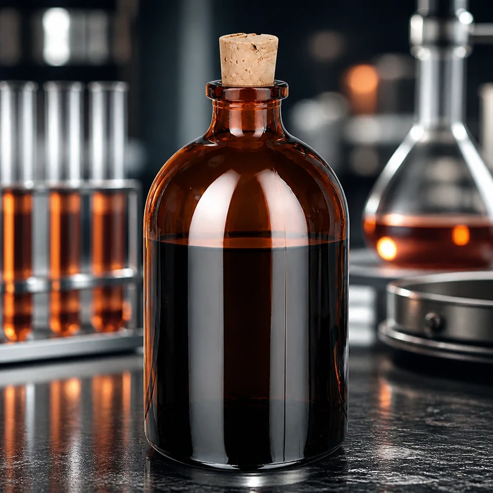 Flacon en verre ambré 100 ml avec bouchon de liège 11/14 mm Klassische Rundflasche 100ml aus bernsteinfarbenem Laborglas mit Naturkorkverschluss 11/14mm