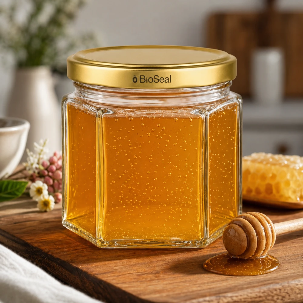47ml Verre hexagonal avec couvercle BioSeal or UNiTWIST UNiTWIST Hexa47 Pot de miel avec couvercle TO43 BioSeal doré sur planche en bois avec cuillère à miel en cuisine naturelle