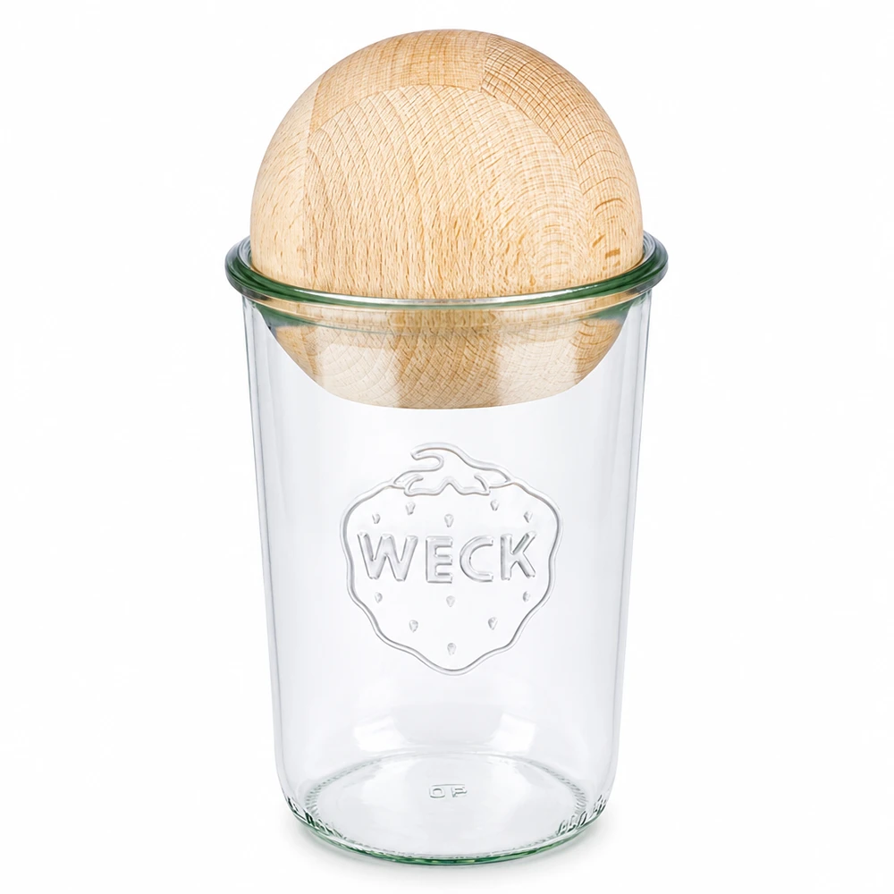 WECK RR100 Pot renversé 850ml avec boule en bois de hêtre comme couvercle, pot à conserves transparent avec couvercle en bois