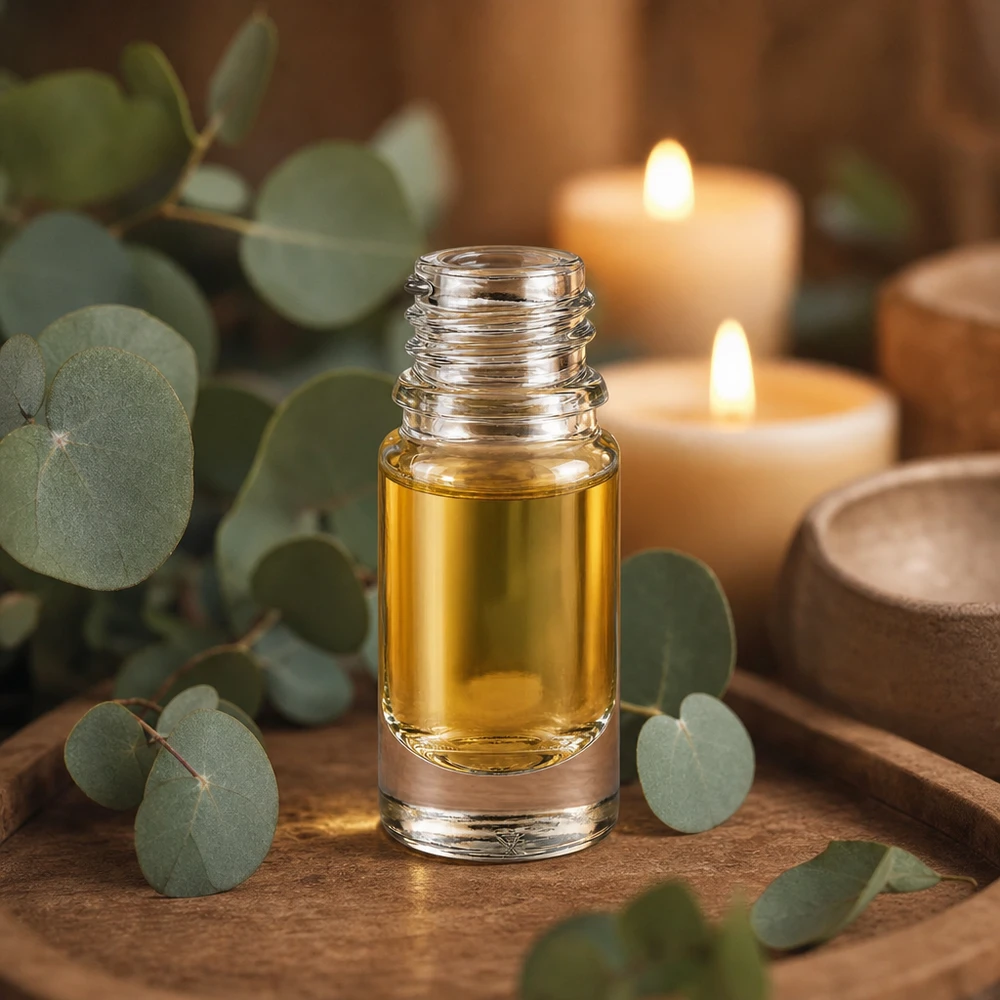 Bouteille de pharmacie de 5ml ApoGlas avec liquide jaune doré dans une atmosphère d'aromathérapie relaxante