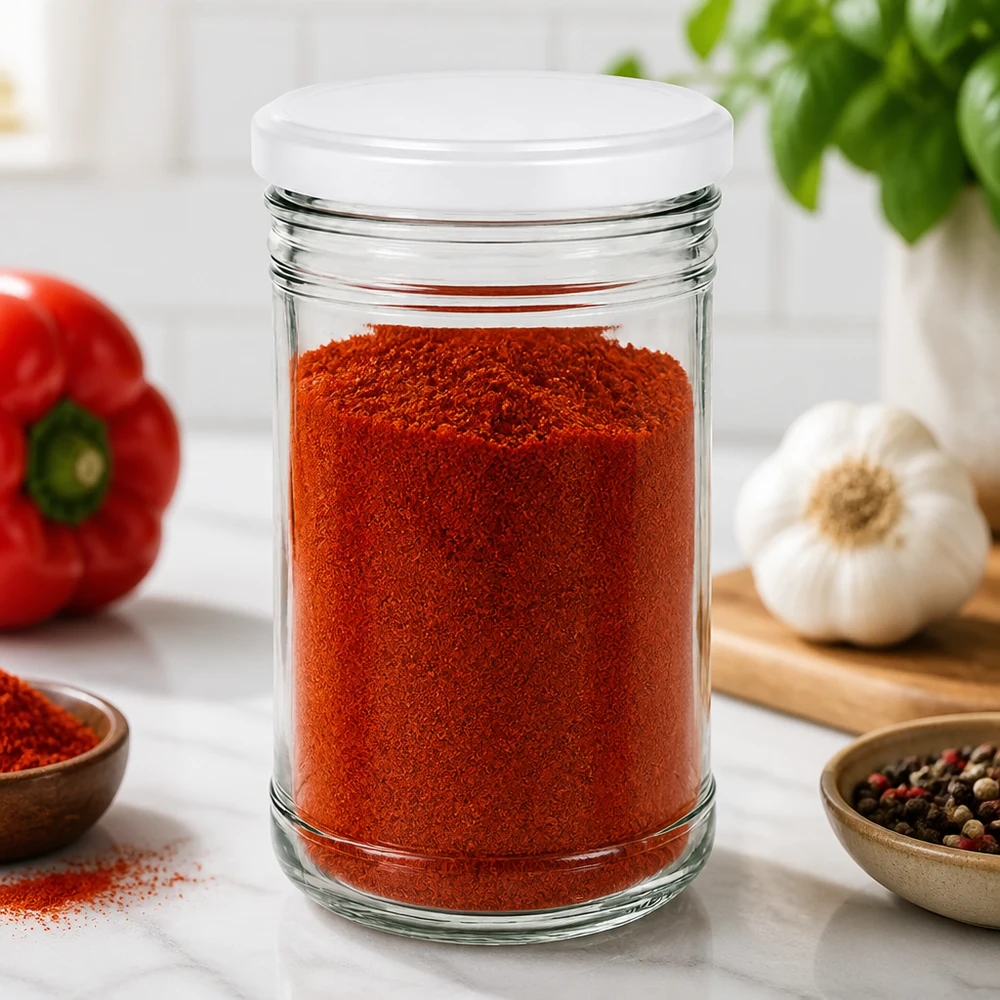 1053ml Verre conique avec couvercle BasicSeal blanc UNiTWIST 1053ml Sturzglas gefüllt mit Paprikapulver zeigt praktische Küchenaufbewahrung mit BasicSeal Deckel für Gewürze