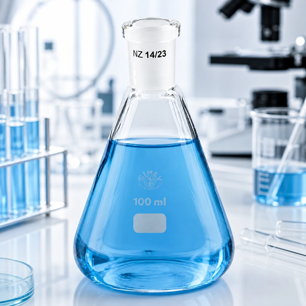 Erlenmeyer 100 ml col étroit, verre borosilicate avec rodage normalisé 14/23
