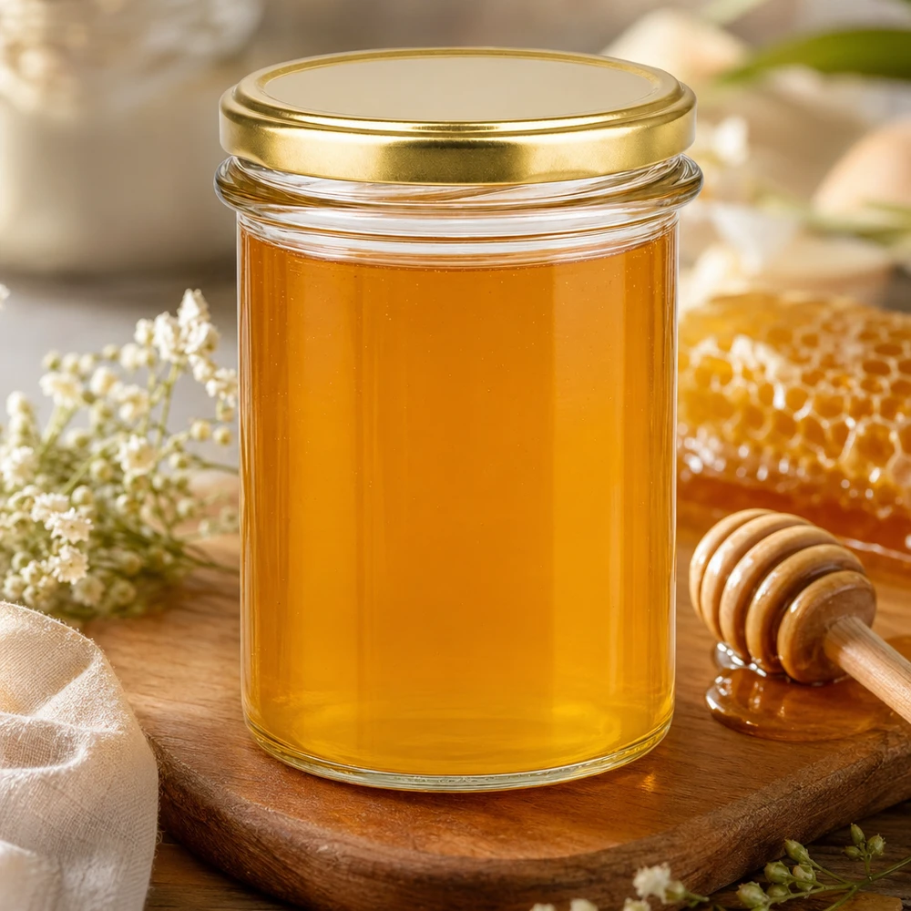 230ml Verre conique avec couvercle BasicSeal or UNiTWIST Verre renversé de 230 ml rempli de miel BasicSeal Couvercle doré UNiTWIST sur planche en bois avec rayon de miel et cuillère à miel