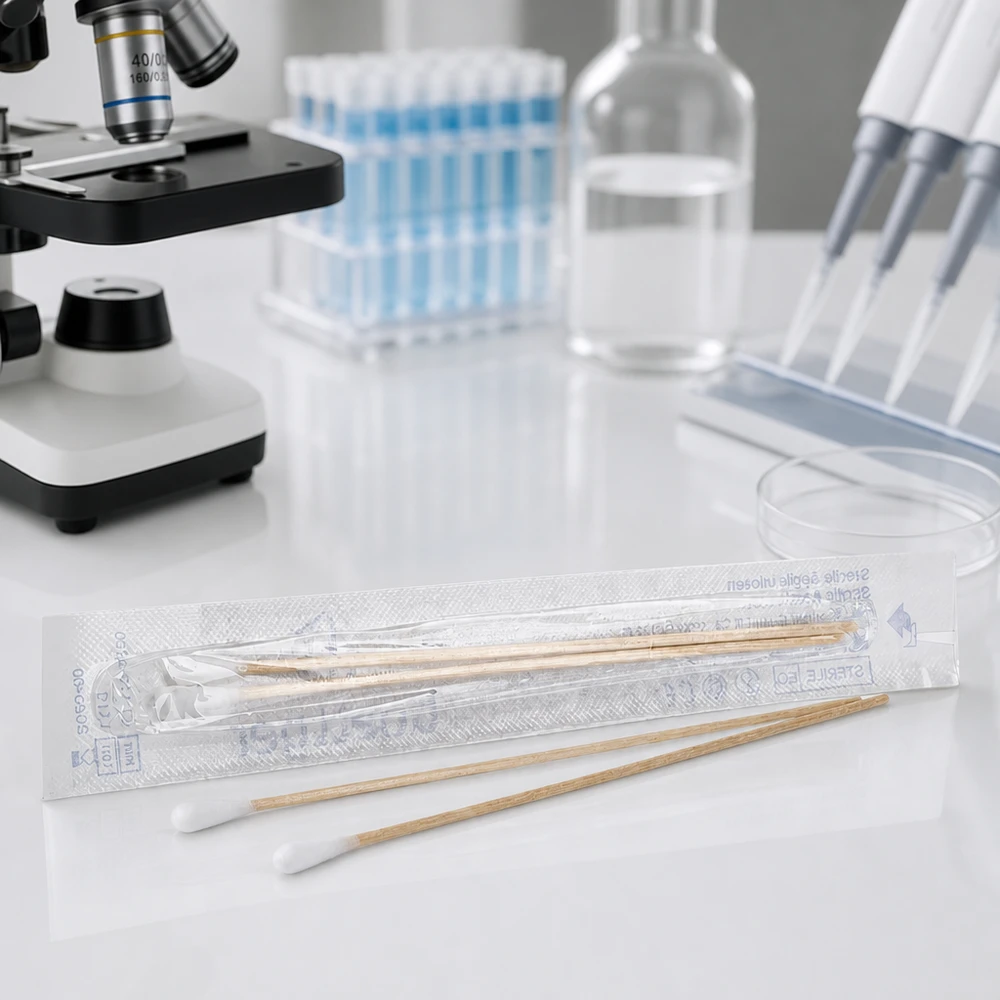 Écouvillon STÉRILE Cotons-tiges stériles dans un laboratoire, à côté d'un microscope et de tubes à essai, destinés à des applications médicales
