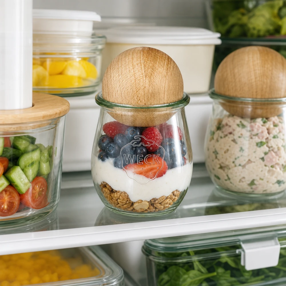220ml bocal tulipe WECK RR60 avec boule en bois en hêtre WECK Pot tulipe 220ml au réfrigérateur avec mélange de yaourt et de baies, couvercle en forme de boule de hêtre Food Storage Organisation