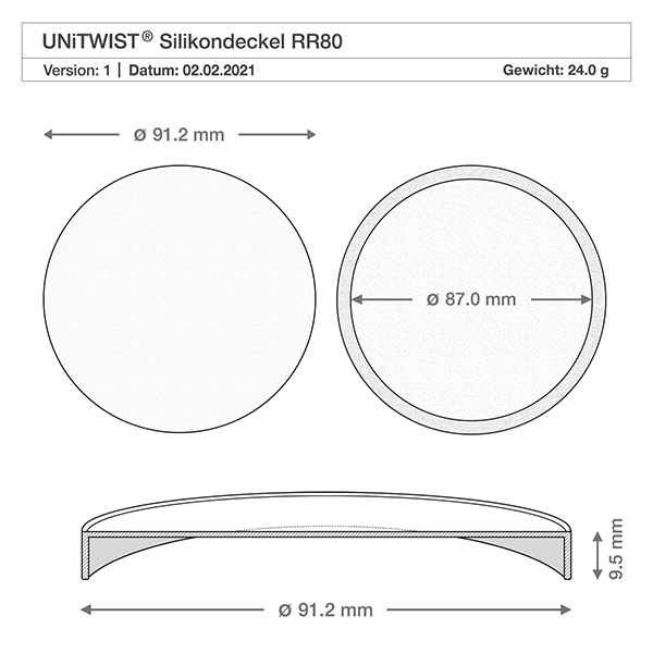165ml bocal conique WECK RR80 avec couvercle en silicone blanc Dessin technique WECK couvercle en silicone RR80 avec dimensions 91,2mm diamètre 9,5mm hauteur pour verre tulipe 370ml
