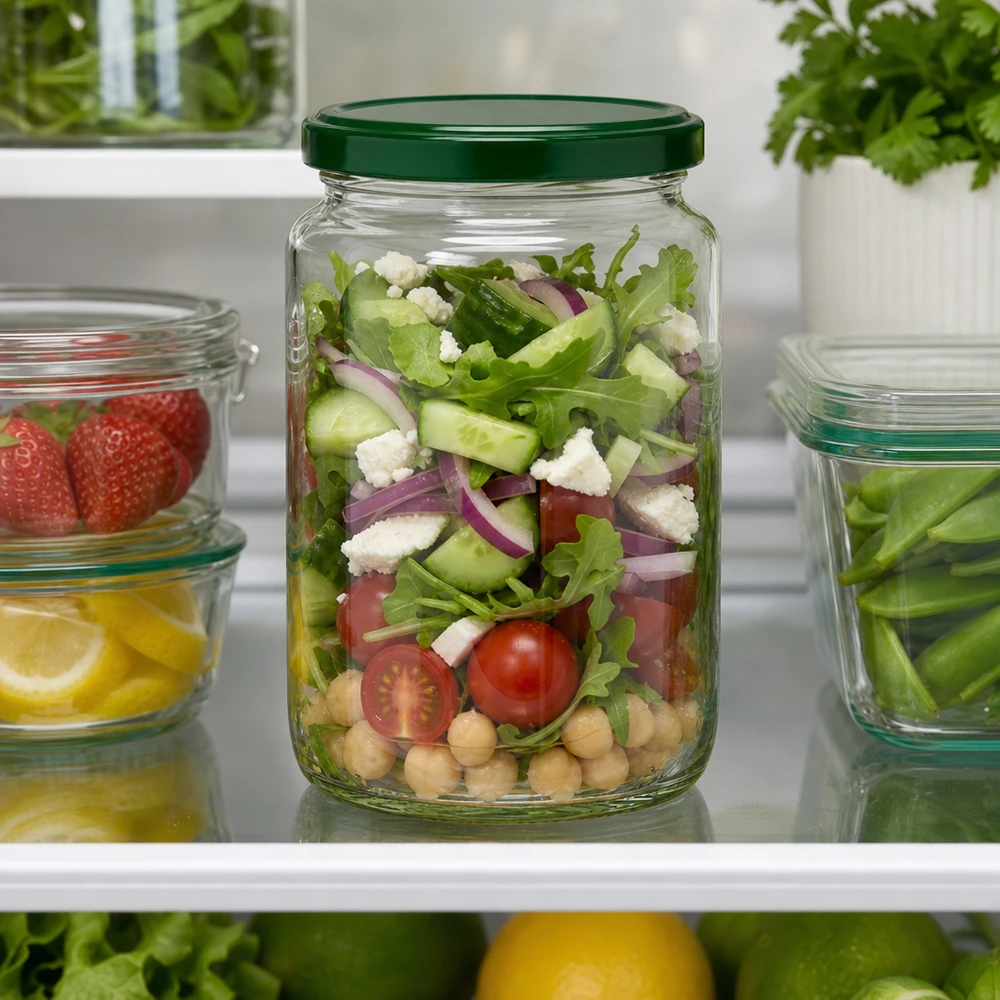 795ml Verre rond avec couvercle BasicSeal vert UNiTWIST 795ml UNiTWIST Rundglas mit grünem Deckel gefüllt mit Salat im Kühlschrank - perfekt für Meal Prep und Vorratshaltung