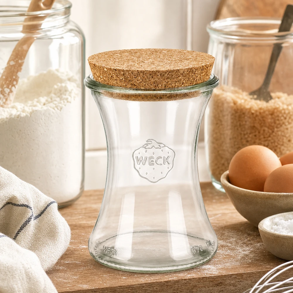 370ml bocal à gourmandises WECK RR80 avec bouchon nature WECK Pot à provisions 370ml RR80 avec couvercle en liège dans la cuisine rustique entre les pots de farine les œufs et les ingrédients de cuisson