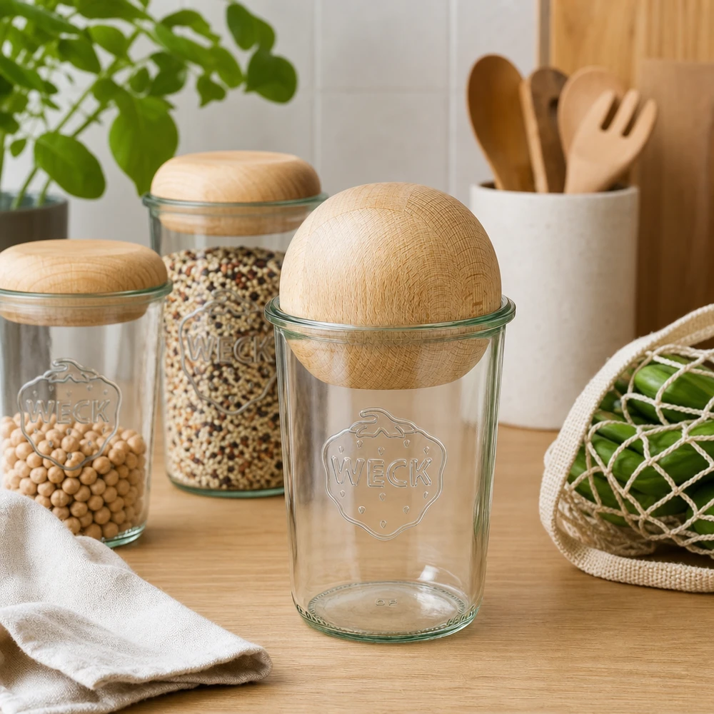 850ml bocal conique WECK RR100 avec boule en bois en hêtre WECK RR100 Verre renversé 850ml vide avec boule en bois de hêtre sur table en bois, aménagement durable de la cuisine avec ustensiles de réserve