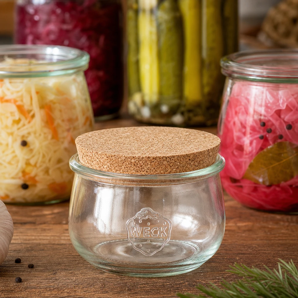 WECK Pot tulipe RR100 580ml avec bouchon naturel entre les bocaux de légumes fermentés et les cornichons marinés Décoration
