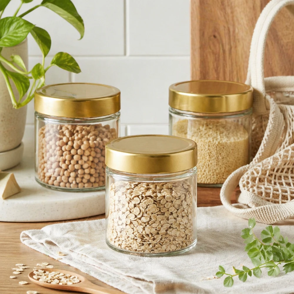 154ml Verre rond avec couvercle BasicSeal or UNiTWIST 154ml Rundglas BasicSeal gold Vorratsdosen Set Haferflocken Kichererbsen Quinoa nachhaltige Küchen Aufbewahrung