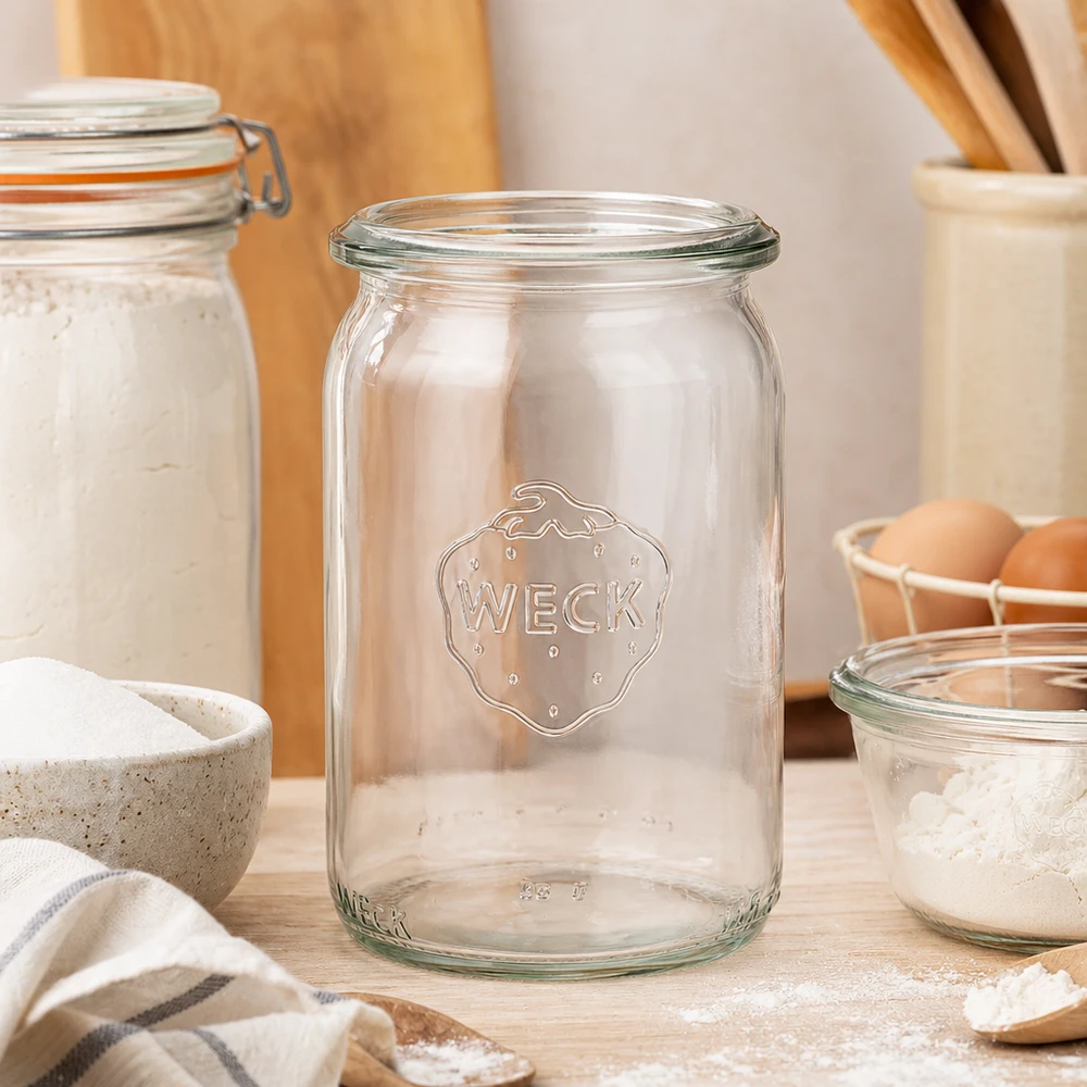 145ml bocal cylindrique WECK RR40 WECK RR40 Verre cylindrique 145ml mis en scène de manière atmosphérique dans une cuisine moderne entre des bocaux à provisions avec de la farine et des œufs