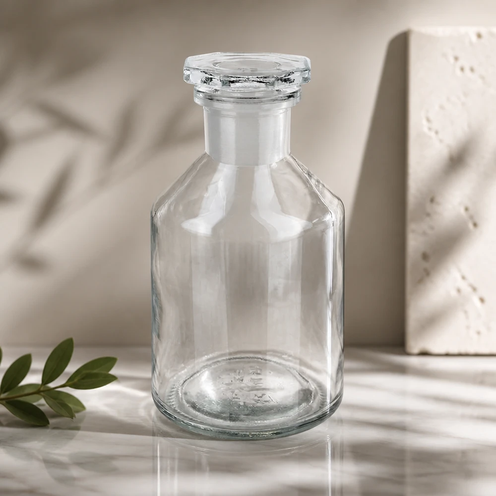 Flacon à col étroit et conique 50 ml en verre clair + bouchon de verre Flacon vide à col étroit de 50 ml, en verre transparent, avec bouchon en verre facetté