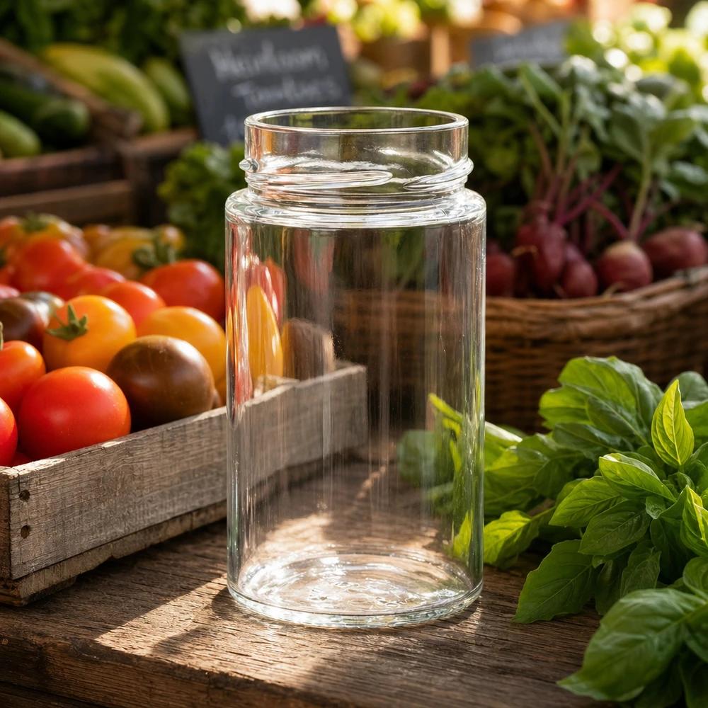 UNiTWIST Runda245 Pot rond 245ml TO58deep Pot de conserve transparent sur table en bois avec tomates fraîches et herbes aromatiques