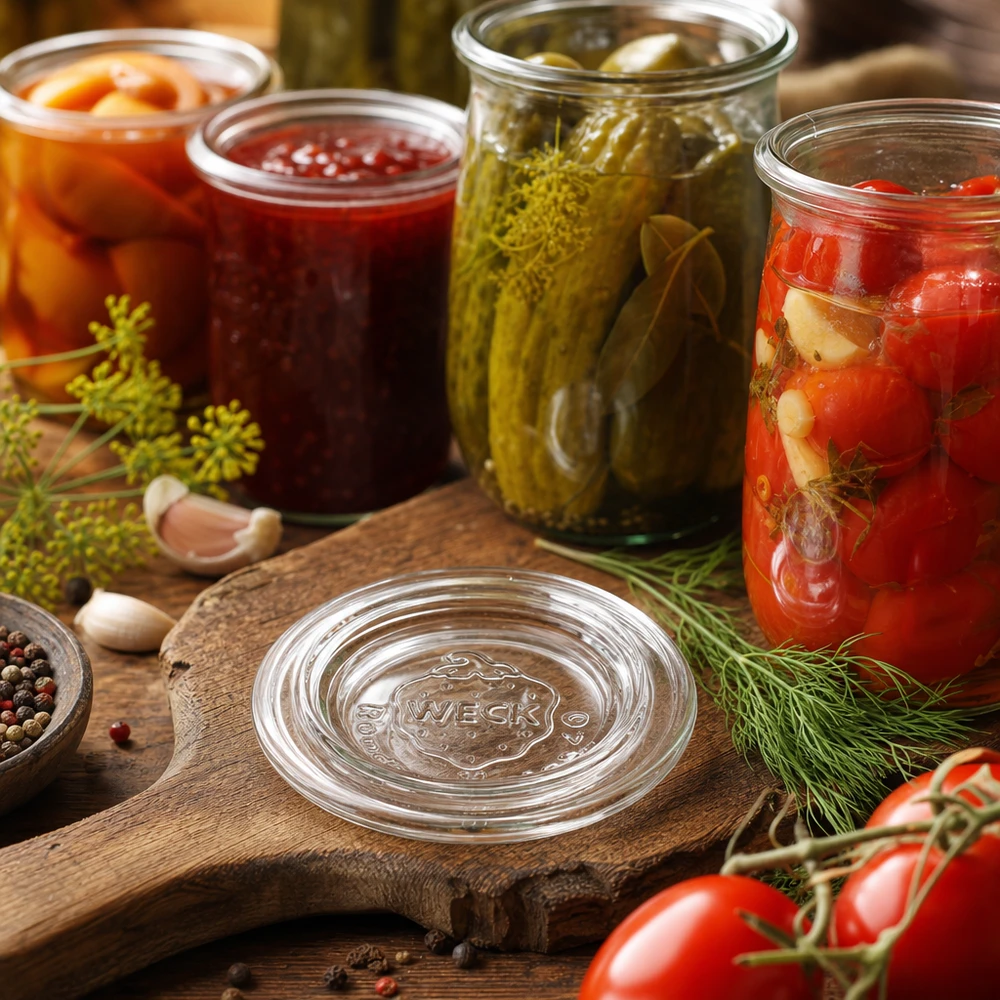 Couvercle en verre WECK RR40 WECK Couvercle en verre RR40 dans une scène de cuisine avec des concombres, des tomates et de la confiture en bocaux